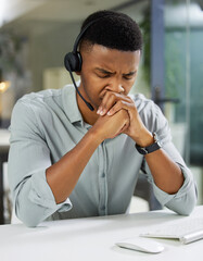 Customer service, call center and black man with stress for burnout, frustrated and burnout in...