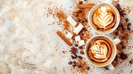   Two cups of hot chocolate, topped with whipped cream and a sprinkle of cinnamon, sit on a table Coffee beans, cinnamon sticks, and star anise accompany