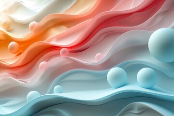 Abstract landscape of multicolored wavy layers and spheres creating a surreal and playful atmosphere