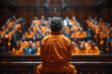 An individual wearing orange clothing is seated while facing a large group of people in a courtroom setting - obrazy, fototapety, plakaty