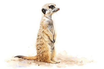 A minimalist watercolor of a meerkat standing alert, its slender form upright and watchful, desert sands and sky blues, white background, vivid watercolor, 100 isolate - obrazy, fototapety, plakaty