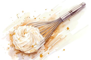 A minimalist watercolor of a whisk with a swirl of whipped cream, airy whites and sleek metallics, capturing the motion of mixing, white background, vivid watercolor, 100 isolate
