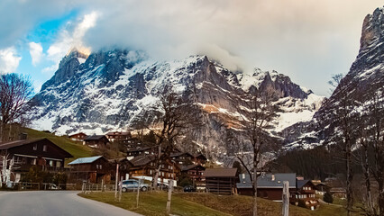 Alpine view on a cloudy spring day at Grindelwald, Interlaken-Oberhasli, Bern, Switzerland
