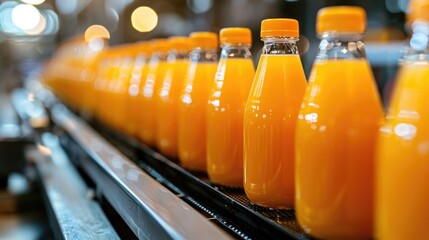 Orange juice bottles moving along a conveyor belt in a beverage production line - Powered by Adobe