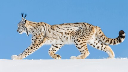   A snow leopard walks across a snow-covered slope with its mouth slightly open