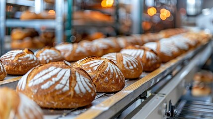 A line of freshly baked goods slowly moving along a conveyor belt in a bread production facility