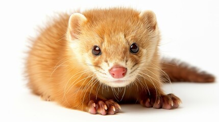   A tight shot of a small animal against a plain white backdrop, its face softly blurred