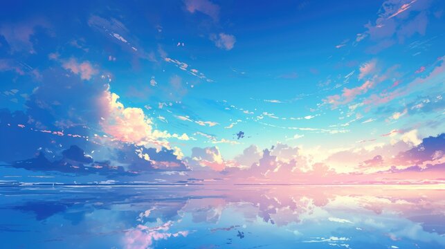A serene scene unfolds in a 2d background with anime clouds dancing across the blue sky of a summer morning This abstract design features soft gradients sunbeams casting reflections and a tr