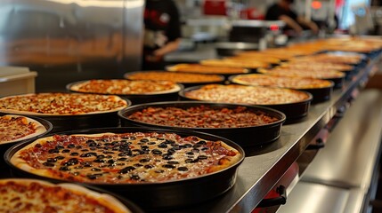 A line of freshly baked pizzas arranged neatly on a metal counter, ready for serving or packaging in a food production setting - Powered by Adobe