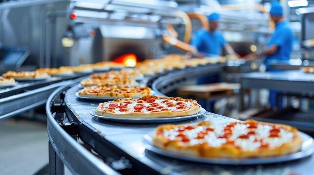 A conveyor belt carrying numerous pizzas on a production line
