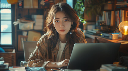 Young Asian woman working on her laptop in at a Co-Working Space, vibrant yet professional coworking setting, modern work lifestyle, casual yet polished look.