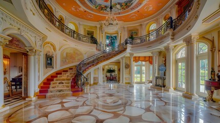 Elegant and Ornate Marble Foyer of a Luxurious Historical Mansion with Majestic Chandelier and Decorative Staircase