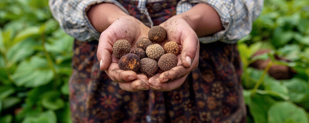 Woman holds handful of fresh truffles in green forest closeup. Lady with dirty hands gathers rare mushrooms in wood. Delicatessen fungi.
