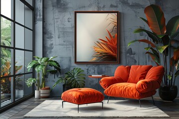 Contemporary urban living space with tropical plants, bold color armchair, and abstract wall art...