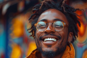 Close-up of cheerful African American man with stylish glasses and dreadlocks laughing on a colorful background