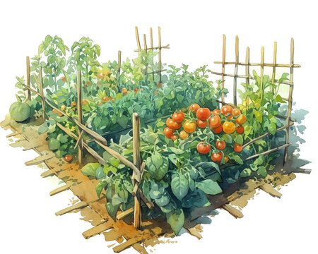 A rustic watercolor of a vegetable garden with rows of fresh produce and a wooden fence, earthy tones and verdant greens, white background, vivid watercolor, 100% isolate