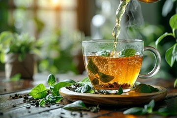 Hot tea being poured into a clear glass surrounded by fresh green leaves on a wooden surface - Powered by Adobe