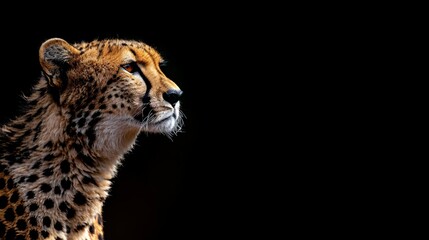   Close-up of a Cheetah's face against black backdrop, head slightly turned