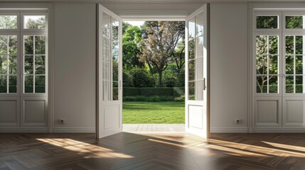 A large open door leads to a spacious room with a large window. The room is empty and has a clean, modern look