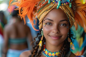 Beautiful woman with flawless skin smiling and wearing a bright, colorful traditional headdress