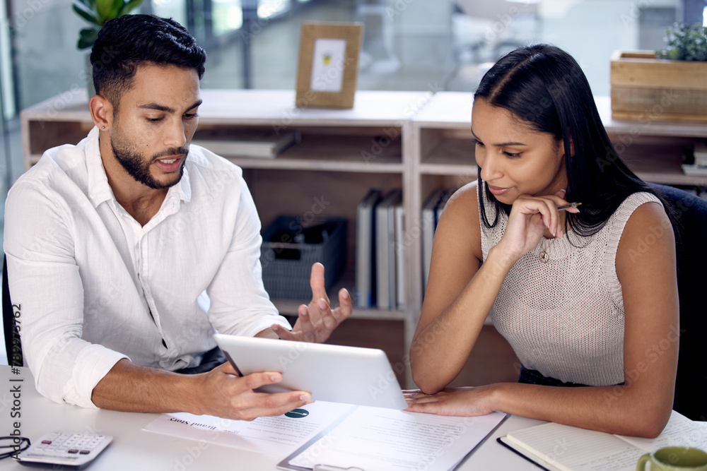 Poster businesspeople, tablet and office with work together with planning for research with tech in company