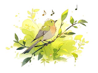 A simple scribble of a bird singing on a tree branch, vibrant greens and yellows, white background