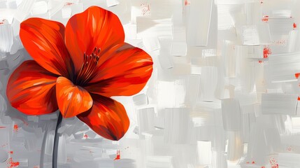   A large orange flower against a white and gray backdrop features a red center dot