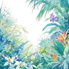 A vibrant depiction of a tropical garden with towering palms and colorful orchids, bright greens and exotic flowers, white background, vivid watercolor, 100% isolate