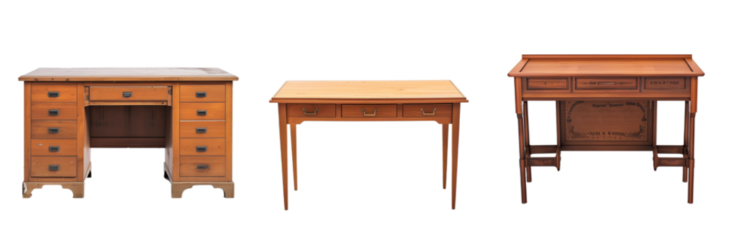 set of different wooden desks, each representing a different decade of design, isolated on transparent background