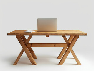 A minimalist style wooden table, featuring an open laptop placed on the surface.