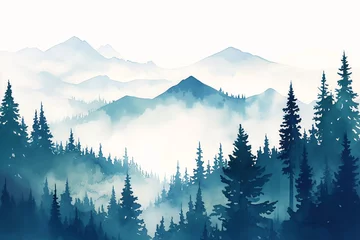 Foto auf Alu-Dibond An elegant portrayal of the Cascade Range on the USCanada border, conifer forests and volcanic peaks, deep forest greens and ash grays, white background, vivid watercolor, 100 isolate © Pakorn