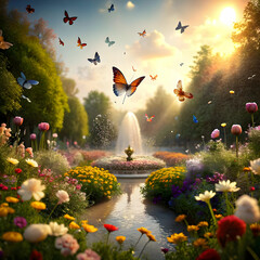 Butterflies flying across the garden of flowers and fountains sun shine - obrazy, fototapety, plakaty