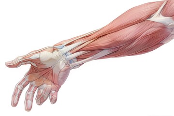 Obraz na płótnie Canvas An elegant portrayal of the hand muscles and tendons, from the wrist to the fingertips, illustrating detailed anatomy with clarity, pale pinks and intricate detailing, white background, vivid watercol