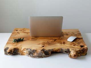 A minimalist style wooden table, featuring an open laptop placed on the surface.
