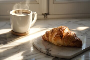 Coffee cup and croissant on table in morning light