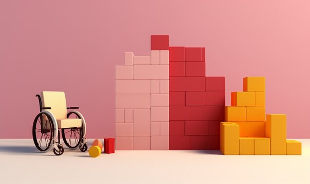 Adapting life design after serious injury, accident, disability, graphic symbol with wheelchair and building blocks, changing for a new lifestyle, the challenge to adapt oneself and the environment