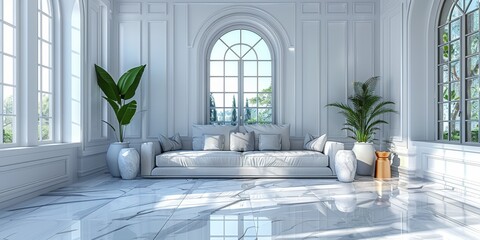 In a luxurious, elegant living room, royal marble accents merge with airy, modern design.