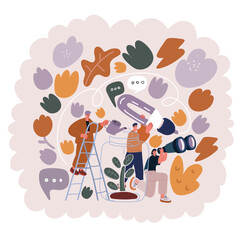 Cartoon vector illustration of Teamwork and growth with plants in the hands of a group or team of eco people for agriculture and collaboration in a green business. Diverse people holding growing sprou