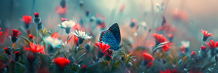 a blue butterfly sitting on top of a lush green field filled with red and white flowers on top of a lush green field.