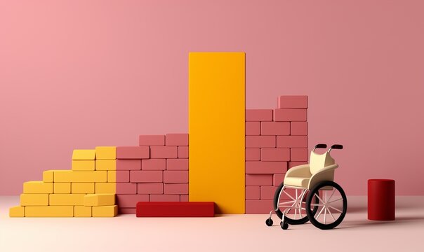 Illustration of handicap with kid toys, wheelchair and construction bricks play items, model toy symbol of hospitalization after an accident, disease or injury, need for adapted healthcare service