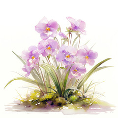 Miltonia spectabilis, pansylike pink flowers, soft watercolor, mossy bed, watercolor, isolate.