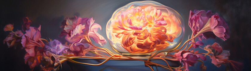 Cerebral lobes with bulb flowering, idea growth, low angle, sharp focus, oil painting style - obrazy, fototapety, plakaty