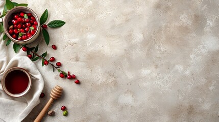 Obraz na płótnie Canvas A white tablecloth holds a bowl of cranberries, a teacup, and a honey shaker