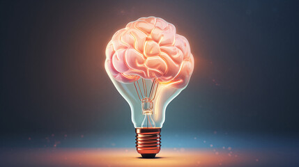 Human brain with glowing bulb sprouting, creativity concept, side view, detailed, pastel tones - obrazy, fototapety, plakaty
