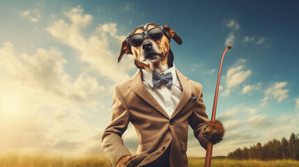 Humorous image of a dog dressed in a business suit and wearing glasses, swinging a golf club, grassy field background, copy space