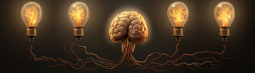 Neurological brain with bulb root, invention motif, threequarter view, chiaroscuro, textured finish