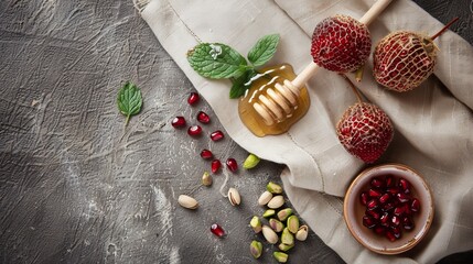  a bowl showcases it, brimming with luscious slices Nearby, another bowl houses nuts, crunchy companions A honey dipper wait