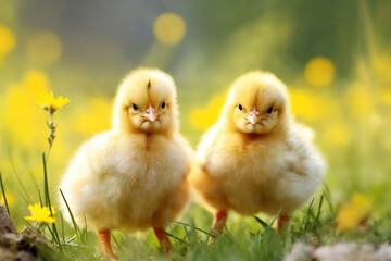 Portrait of small baby chickens on a green grass meadow, bright sunny day, on a ranch in the village, rural surroundings on the background of spring nature