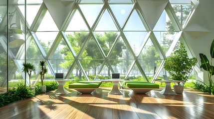 3D illustration of a futuristic open layout office interior with a bold diamond pattern and green furniture. The room has all-around windows. hardwood flooring - obrazy, fototapety, plakaty