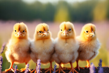 Fototapeta premium Portrait of small baby chickens on an old stone fence with lavender flowers, on a ranch in the village, rural surroundings against the background of spring nature